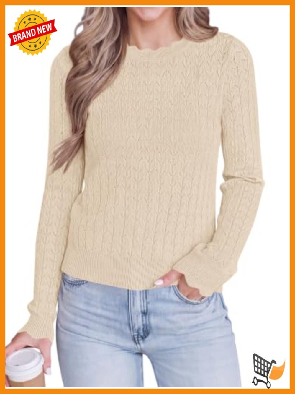 Scalloped Cropped Sweater Crew Neck Scalloped Trim Lightweight Knit Pullover